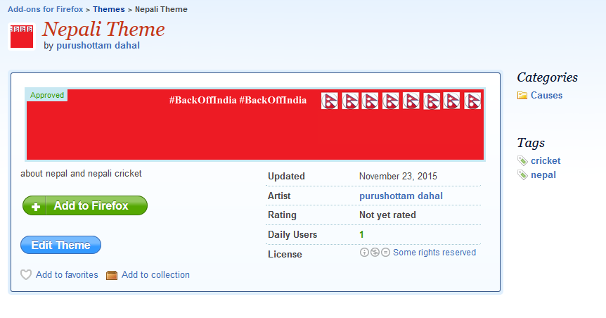 Add-on Developer Purushottam Dahal represents Nepal on Mozilla Firefox Browser by Nepali Theme