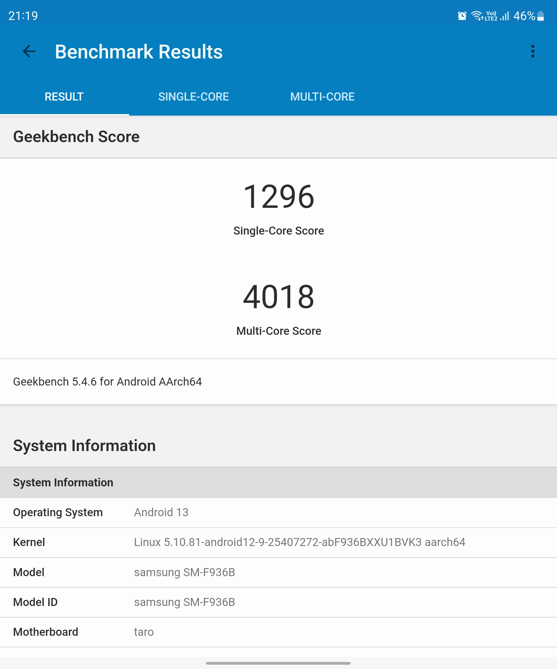 Geekbench 5 of Samsung Galaxy Z Fold 4